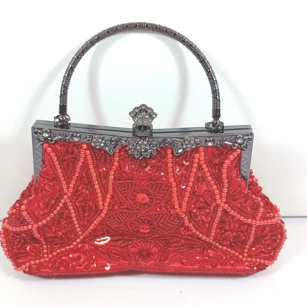 Red Beaded Sequin Evening Clutch Bag Gunmetal Hardware Floral Vintage Style
